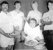 Noted trencher-man and transmitter technician George Allan has his on-duty meal delivered to FPQ-6. Serving him (left to right) are Frank Vinton, Colin Forbes, Nola Meiklejohn, and Geoff Goddard. Photo - George Allan