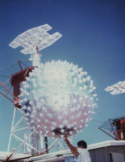 A Jimsphere about to be launched below the AcqAid antennas