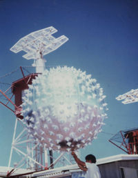 A Jimsphere about to be launched below the AcqAid antennas: Image by Jim Gregg