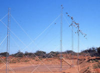 Riometer antenna: Note the vertical masts - the back-plane - and behind them the bare patch of sand - the ground-plane.